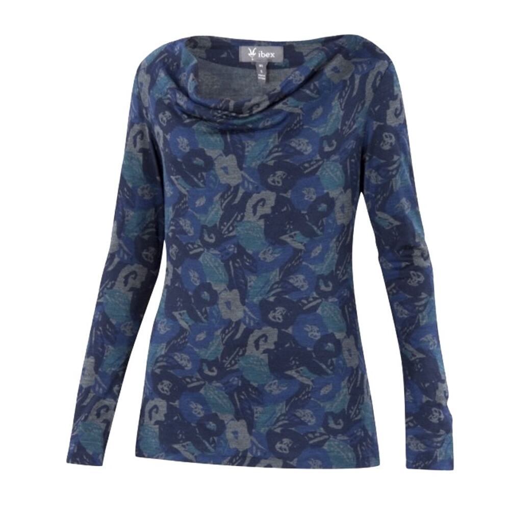 IBEX women’s Diana cowl neck top 100% merino wool Small Navy Floral